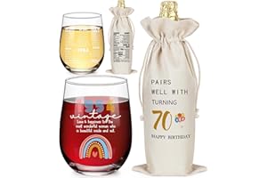 LEJIAJINW 70th Birthday Gifts for Her - 70 Years Old Birthday Gifts for Women - Vintage 70th Birthday Decorations for Women - 70 Year Old Presents Stemless Wine Glass (1 Glass, 1 Bag)