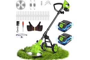 Electric Weed Wacker Cordless with Wheel, 4 in 1 Weed Eater Battery Powered Brush Cutter String Trimmer Edger, 4000mAh String
