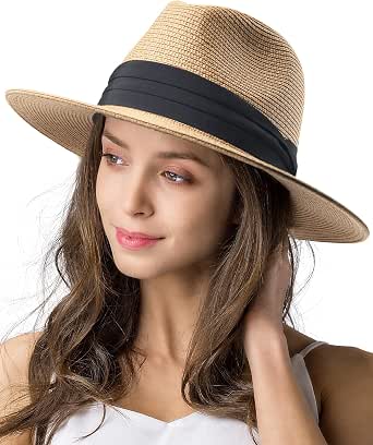 Womens Mens Wide Brim Straw Panama Hat Fedora Summer Beach Sun Hat UPF Straw Hat for Women