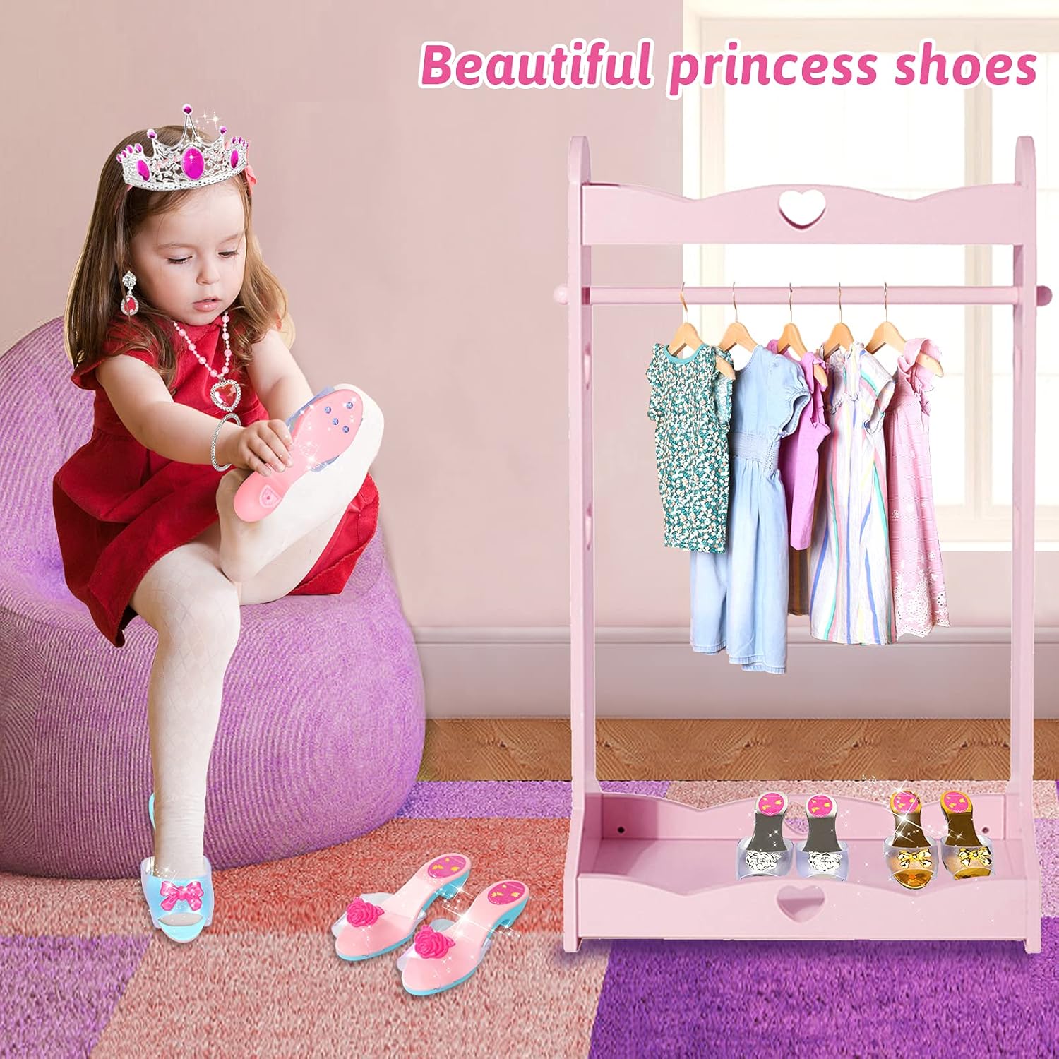 HOMOFY Princess Dress Up Shoes and Jewelry Boutique Princess Role Play 4 Pairs of Play Shoes Tiara and Jewelry Accessories Gift for Girl Aged 3,4,5,6 Years Old: Toys & Games