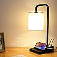 Iporovon 3-Way Dimmable Touch Control Lamps for Nightstand, Bedside Lamp with USB Ports & Outlet, Linen Shade, 2 Phone Stand & Pen Holder, Modern Desk Side Table Lamp for Bedroom Living Room Reading