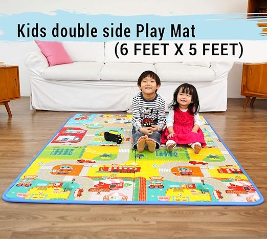 TIED RIBBONS Double Side Waterproof Baby Play Crawl Floor Mat for Kids Home Play School (6 Feet X 5 Feet) with Zip Bag to Carry