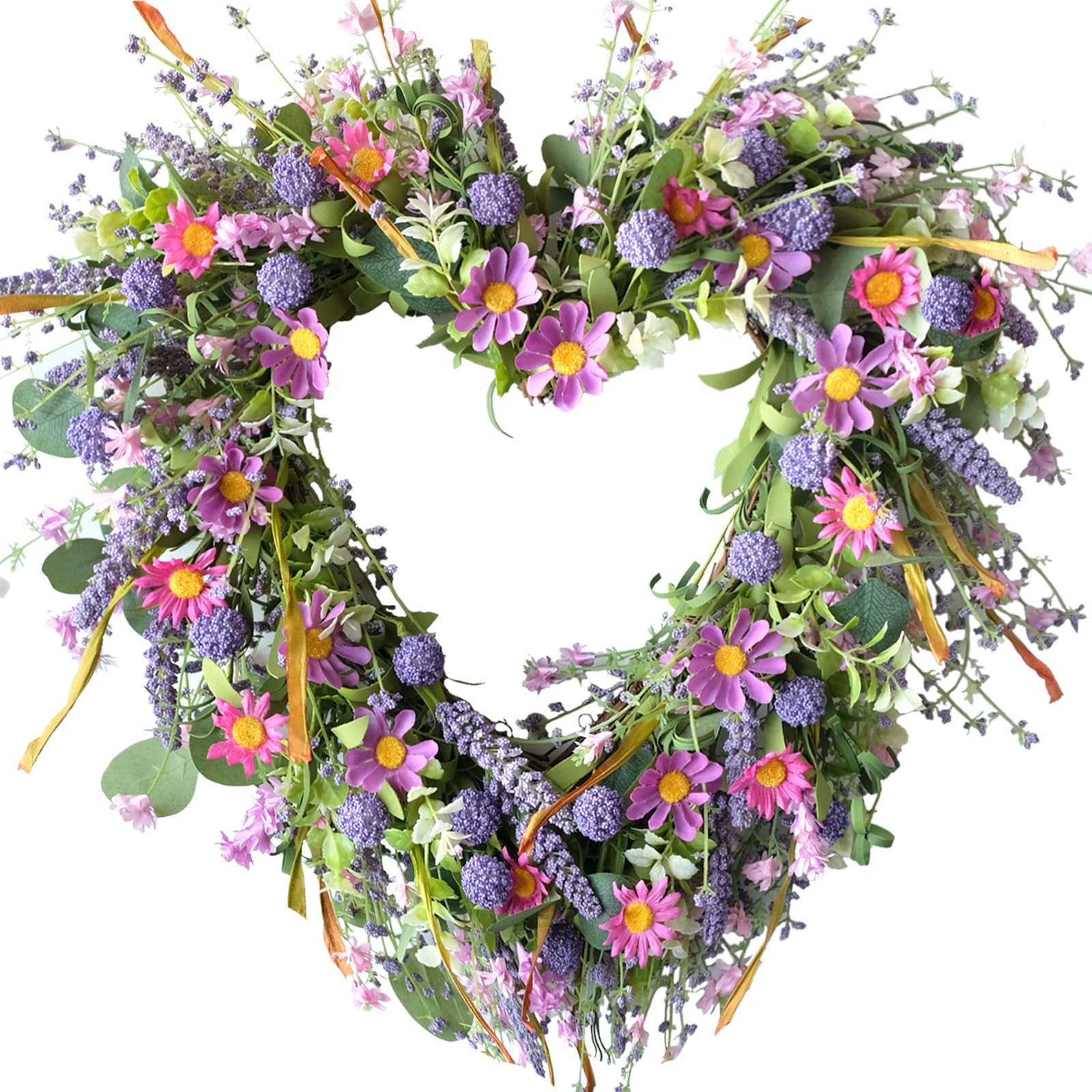 Photo 1 of Bibelot Heart Shaped Daisy Wreath, 18' Artificial Spring & Summer Wreath, Valentine's Day, Easter & Festivals, White, Purple, Yellow, Green, Grapevine & Foam