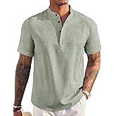 COOFANDY Men's Linen Henley Shirt Short Sleeve Casual Summer Beach Hippie T Shirts