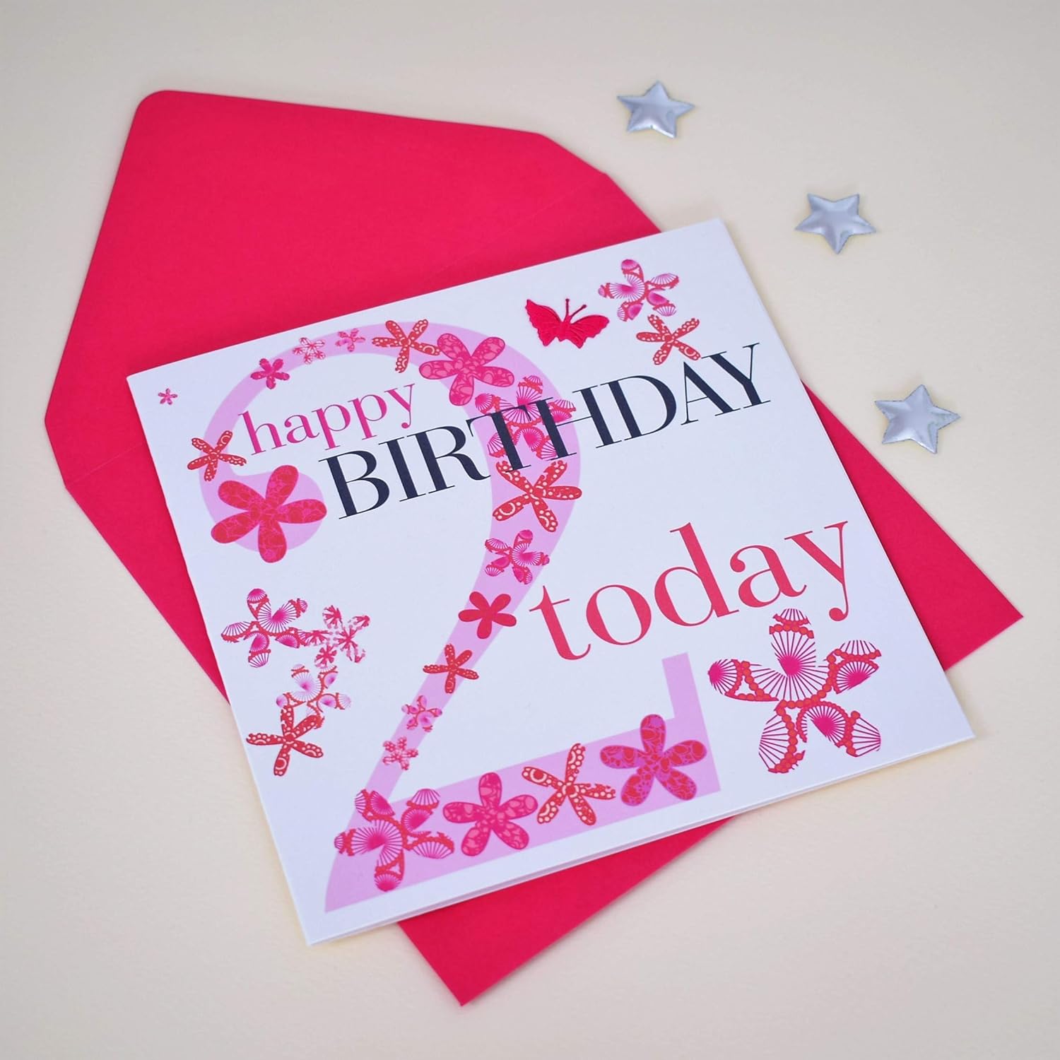 Claire Giles Greeting Cards, Happy 2nd Birthday Card, Girl Pink Age 2 Birthday Greeting Card, Embellished with a Fabric Butterfly - Image 5