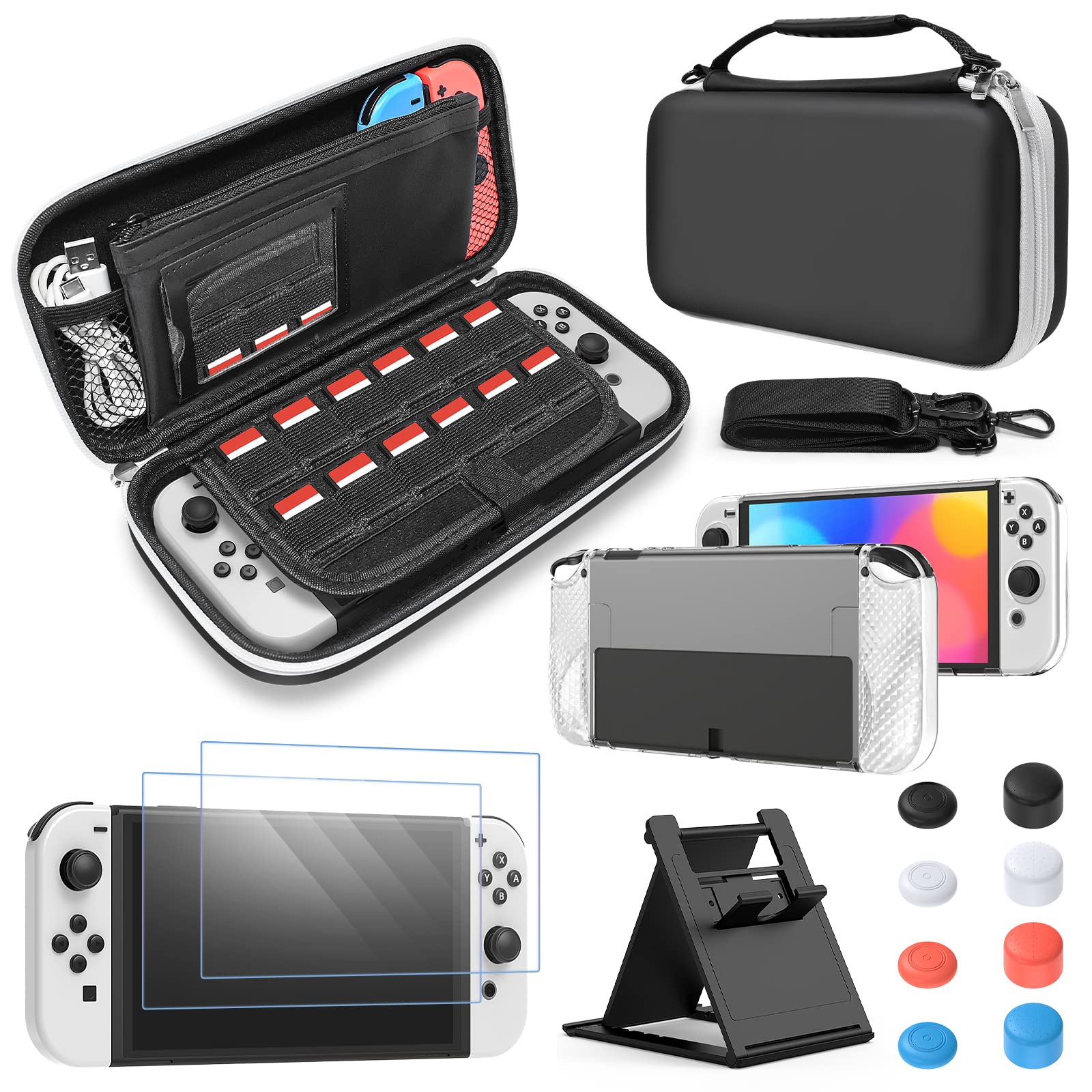 FYOUNG Zubehör Bundle Kompatibel mit Nintendo Switch OLED-Modell mit Tragetasche und Schutzhülle Tragbarer Tasche für Switch OLED & Hülle & Displayschutz & Joystick Kappen - Schwarz
