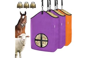 HAYSRMAN 3 PCS Goat Hay Feeder,Hay Bags for Horses,Goats,Donkeys with Reinforced Oxford Fabric and High Strength Metal Clasp,Horse Feeding Supplies with Adjustable Strap for Easy Hanging(2Purple+1Orange)