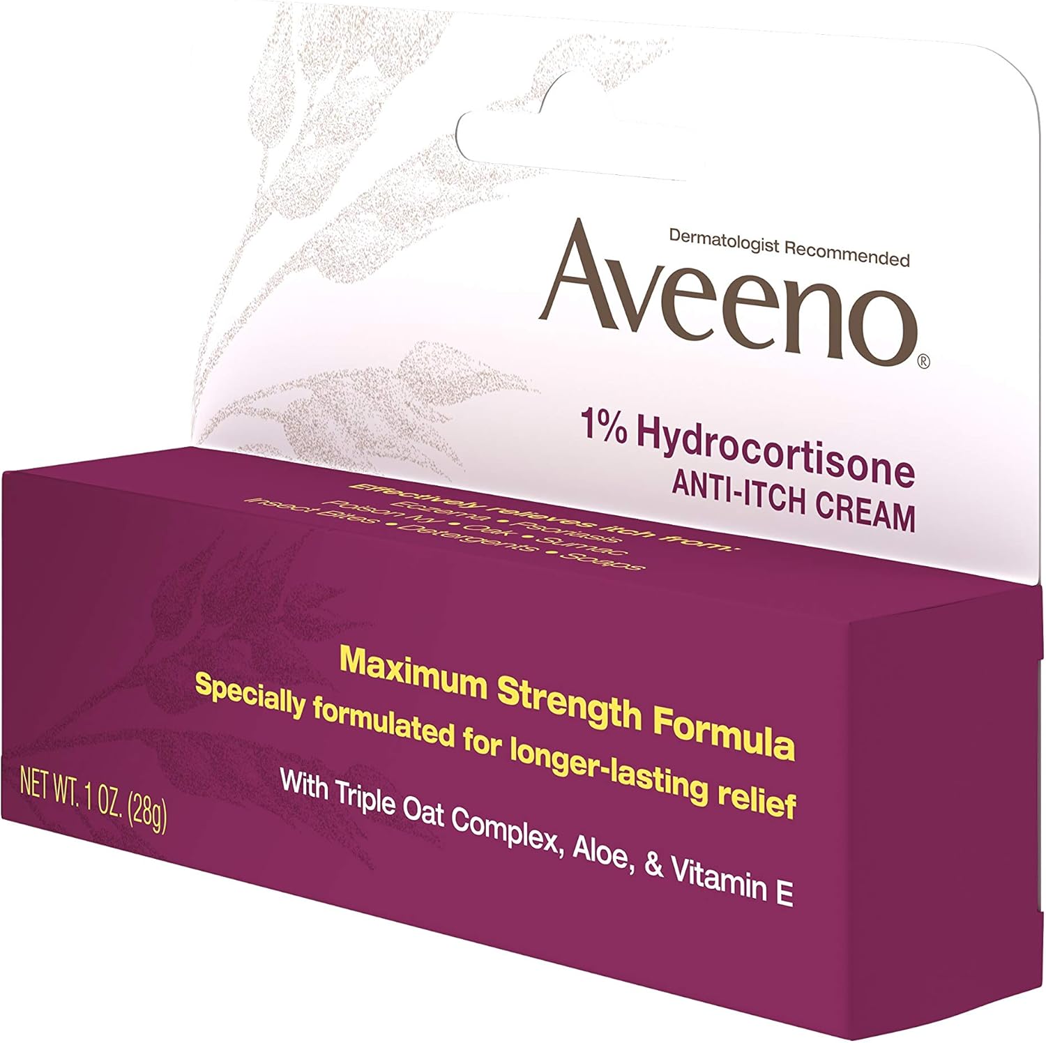 Aveeno Maximum Strength 1% Hydrocortisone Anti-Itch Cream with Pure Oat Essence, Triple Oat complex, Aloe & Vitamin E, For Itch, Rash & Redness Relief, 1 oz (Pack of 2) : Beauty