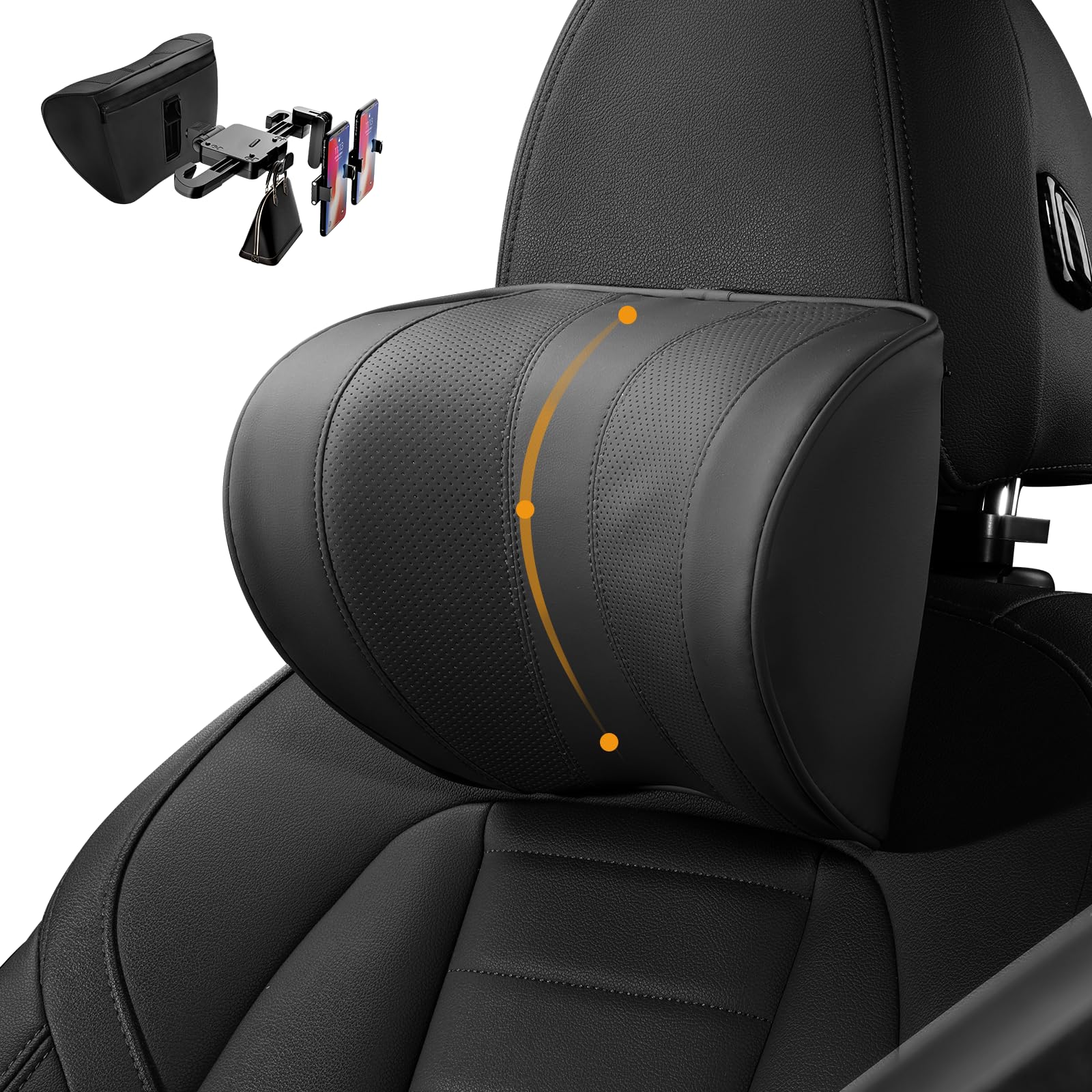 Photo 1 of NATUTENT Multi-Functional Car Headrest Pillow, Comfortable Ergonomic Design 100% Memory Foam,Breathable Leather Cover, Adjustable Height and Distance-with Phone Stand and Hook (Black)