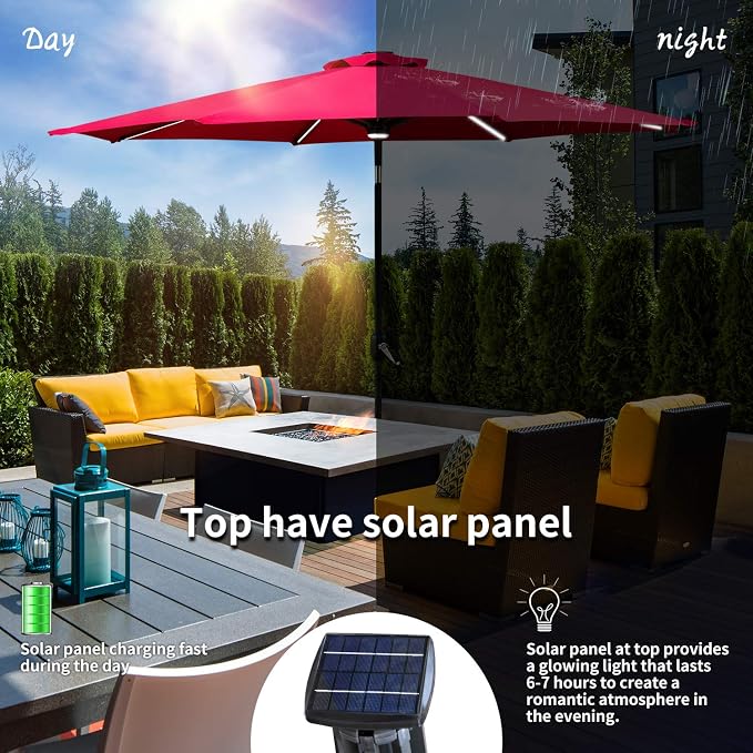 Amazon Com Koolwoom 9ft Solar Led Lighted Patio Umbrella With Crank And Manual Tilt Outdoor Umbrella With Fade Resistant Water Proof Fabric And Push Button Without Base Red Garden Outdoor