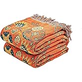 XIBLC Boho Throw Blanket, 100% Cotton Ultra Soft Luxury Throw Rustic Quilt, 60"x80" Floral Printed Farmhouse Decor Bed Summer Blankets, All Season Rustic Reversible Bohemian Throw for Bed - Orange