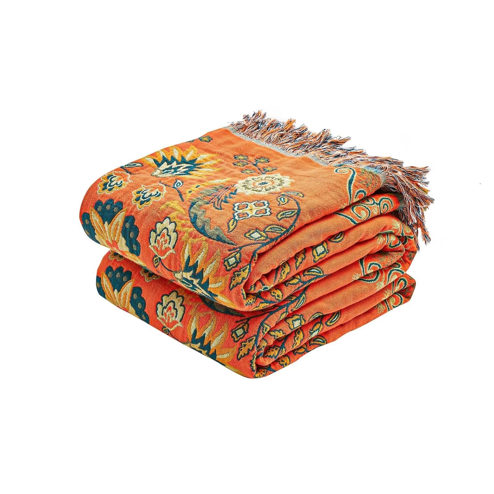 Photo 1 of XIBLC Boho Throw Blanket, 100% Cotton Ultra Soft Luxury Throw Rustic Quilt, 80"x90" Floral Printed Farmhouse Decor Bed Summer Blankets, All Season Rustic Reversible Bohemian Throw for Bed - Orange