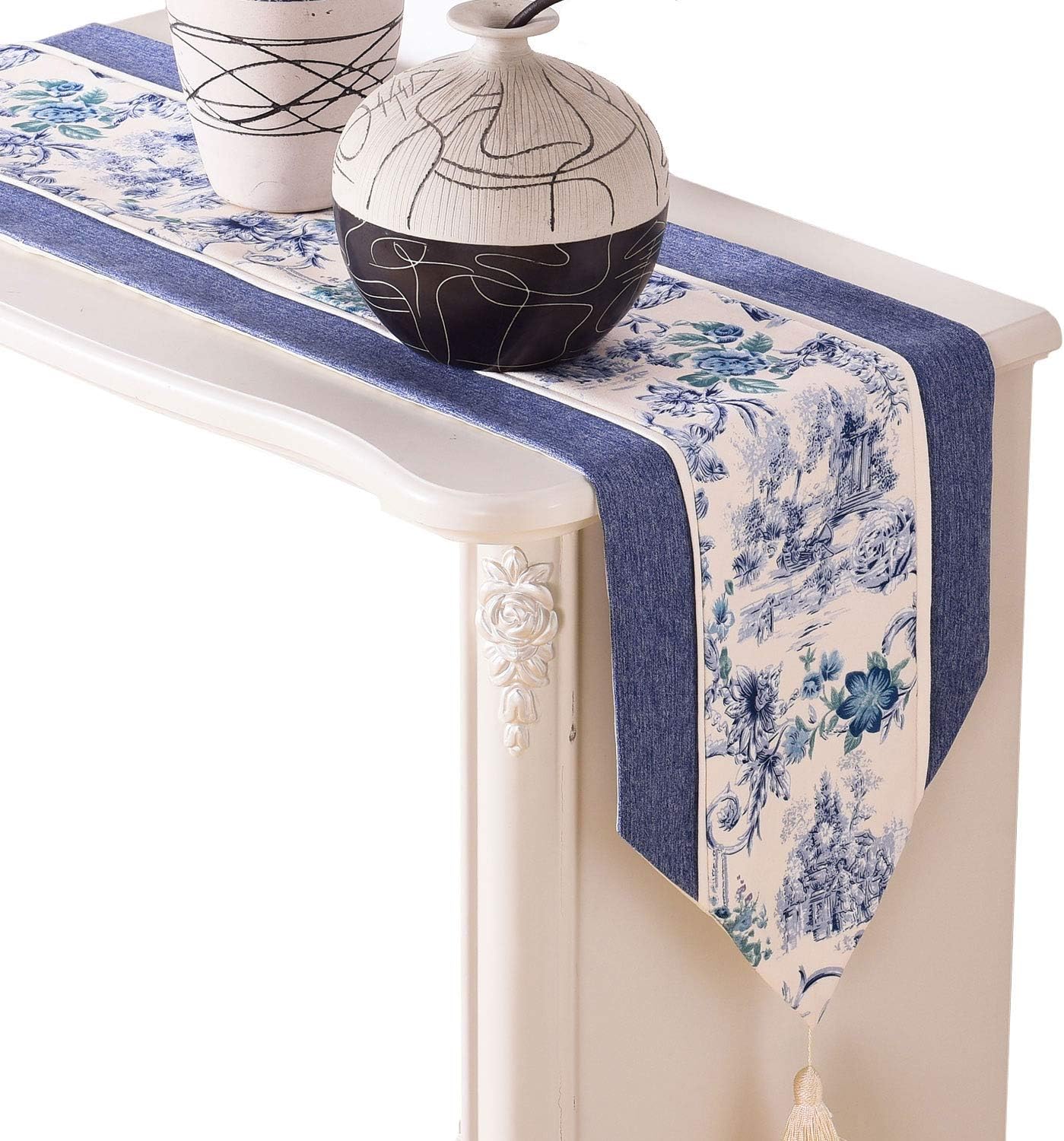 IBWell Chinese Classic Flowers Table Runner Dresser Scarf Tassel for Wedding Party Dinner Decoration (12"x72", Blue and White)