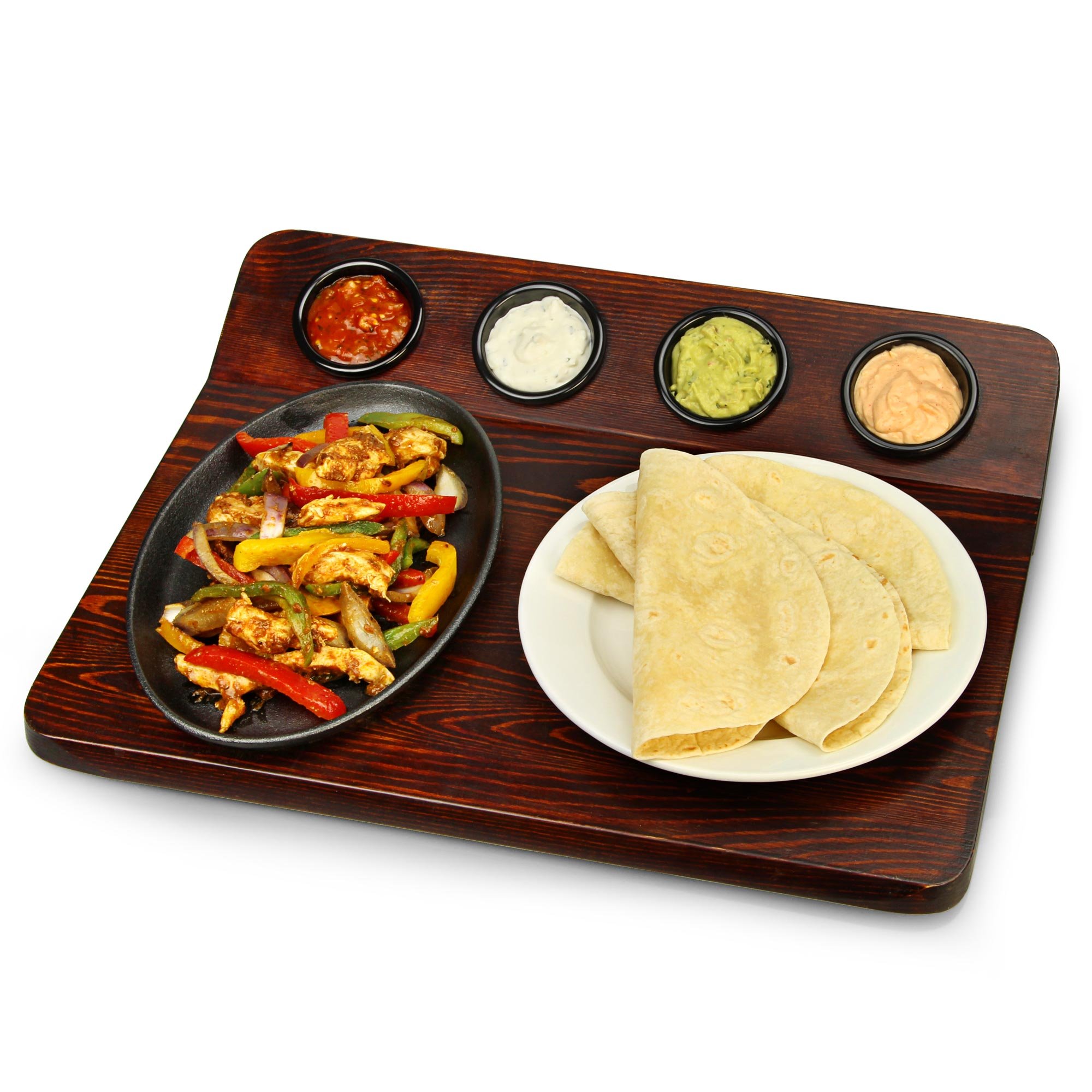 dine@drinkstuff Fajita Serving Board with Sizzle Platter and 4 Ramekins for Presenting Fajitas from Oven to Table