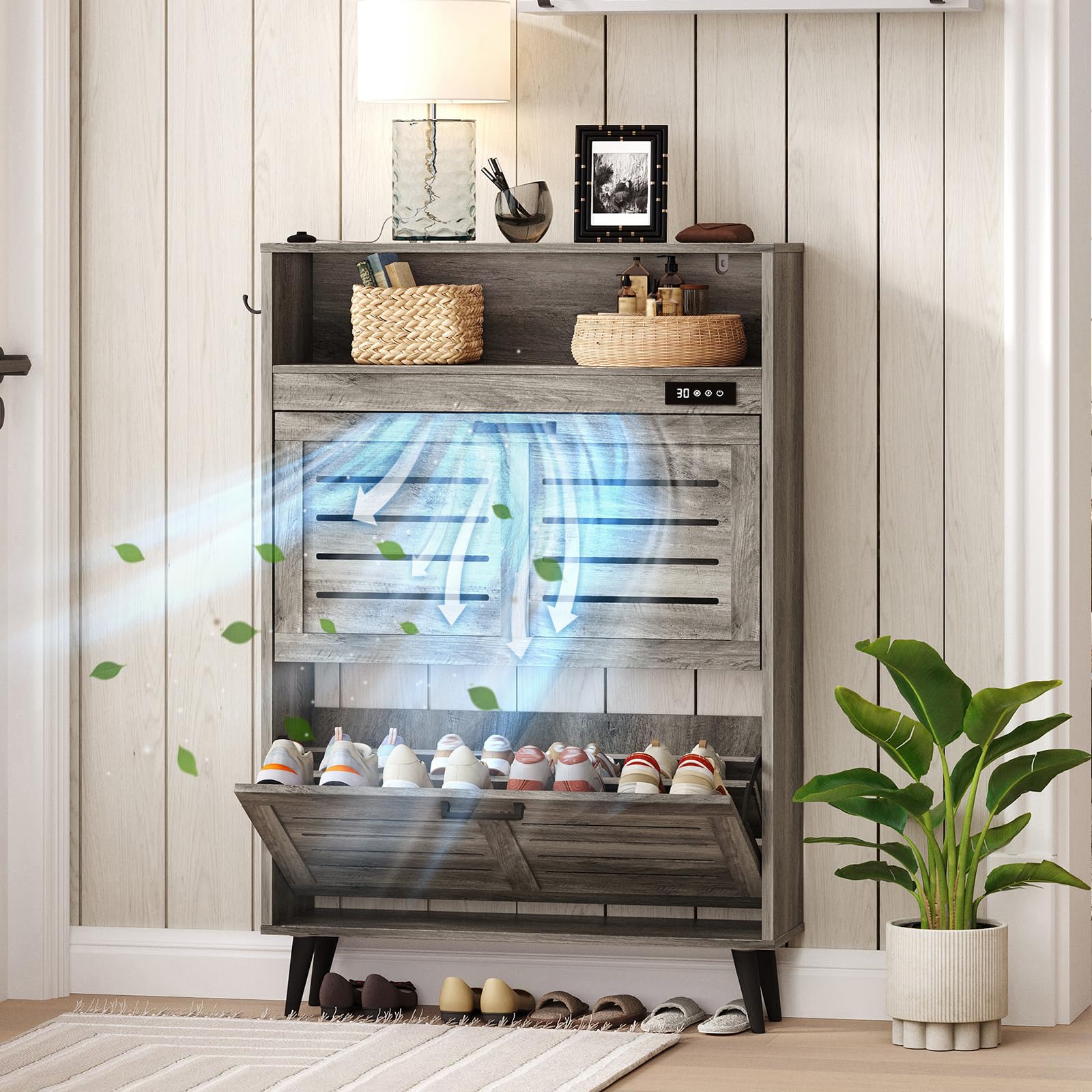 ChooChoo Shoe Storage Cabinet with 2 Flip Drawers, Deodorizing Shoe Organizer Storage for Entryway, Freestanding Hidden Slim Narrow Shoe Rack Cabinet with Shelf, Grey
