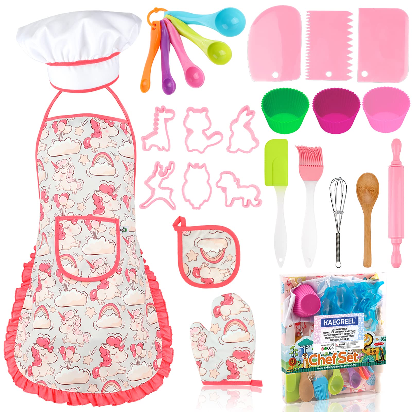 KAEGREEL Kids Baking Chef Set with Unicorn Apron, 26pcs Kitchen Toys Kid Cooking Set with Chef Hat Spoons Whisk, Chef Dress Up Role Play Gifts for Boys Girls 3 4 5 6 7 Years Old, Pink — image 1