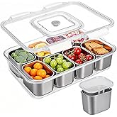 Snackle Box Container, 304 Stainless Steel Snack Containers, Portable Snacklebox for Veggie, Candy, Divided Serving Tray with Lid and Handle, 8 Compartment Fruit Platter for Party, Picnic, Travel