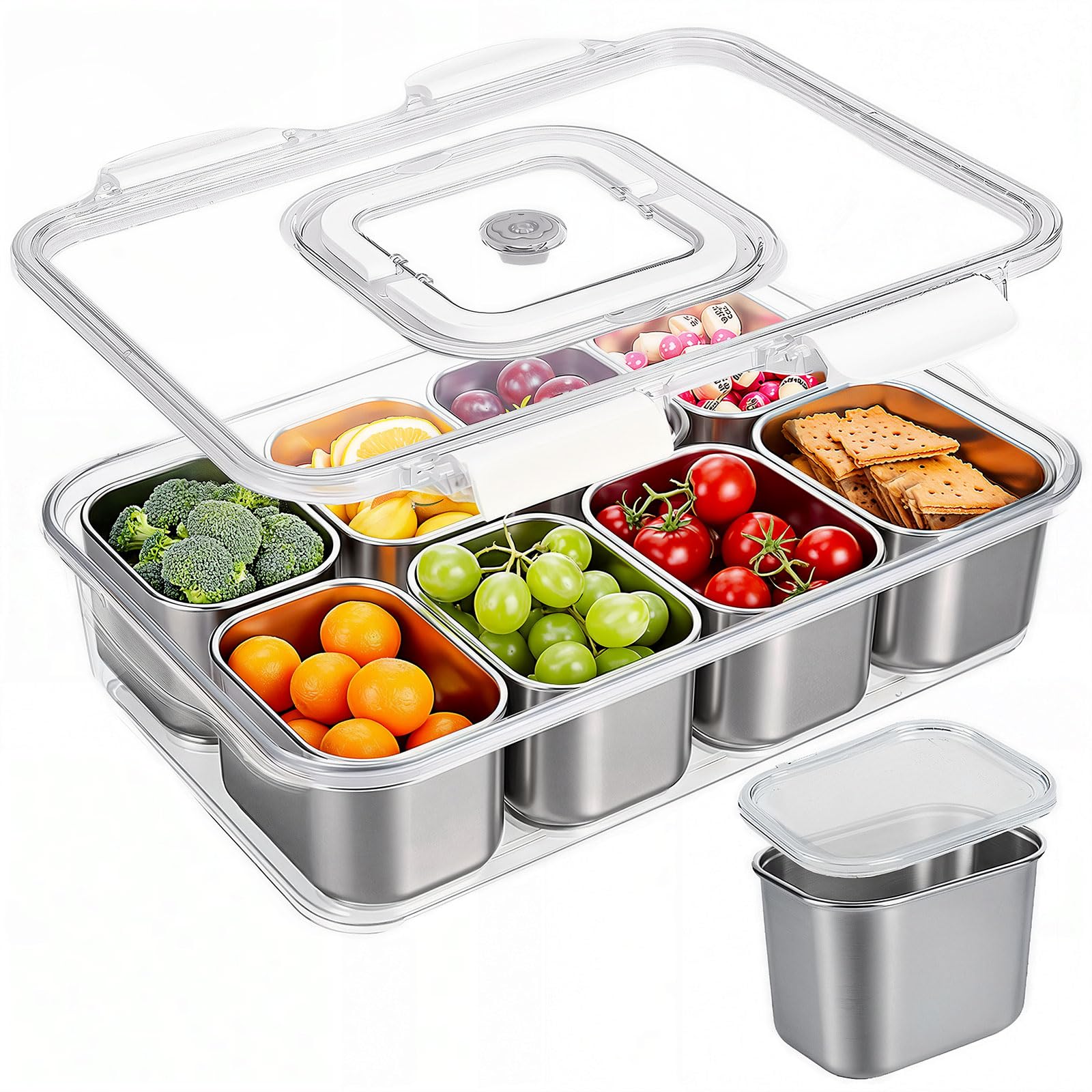 Photo 1 of ***2 LATCHES ARE BROKEN***Snackle Box Container, 304 Stainless Steel Snack Containers, Portable Snacklebox for Veggie, Candy, Divided Serving Tray with Lid and Handle, 8 Compartment Fruit Platter for Party, Picnic, Travel***2 LATCHES ARE BROKEN**