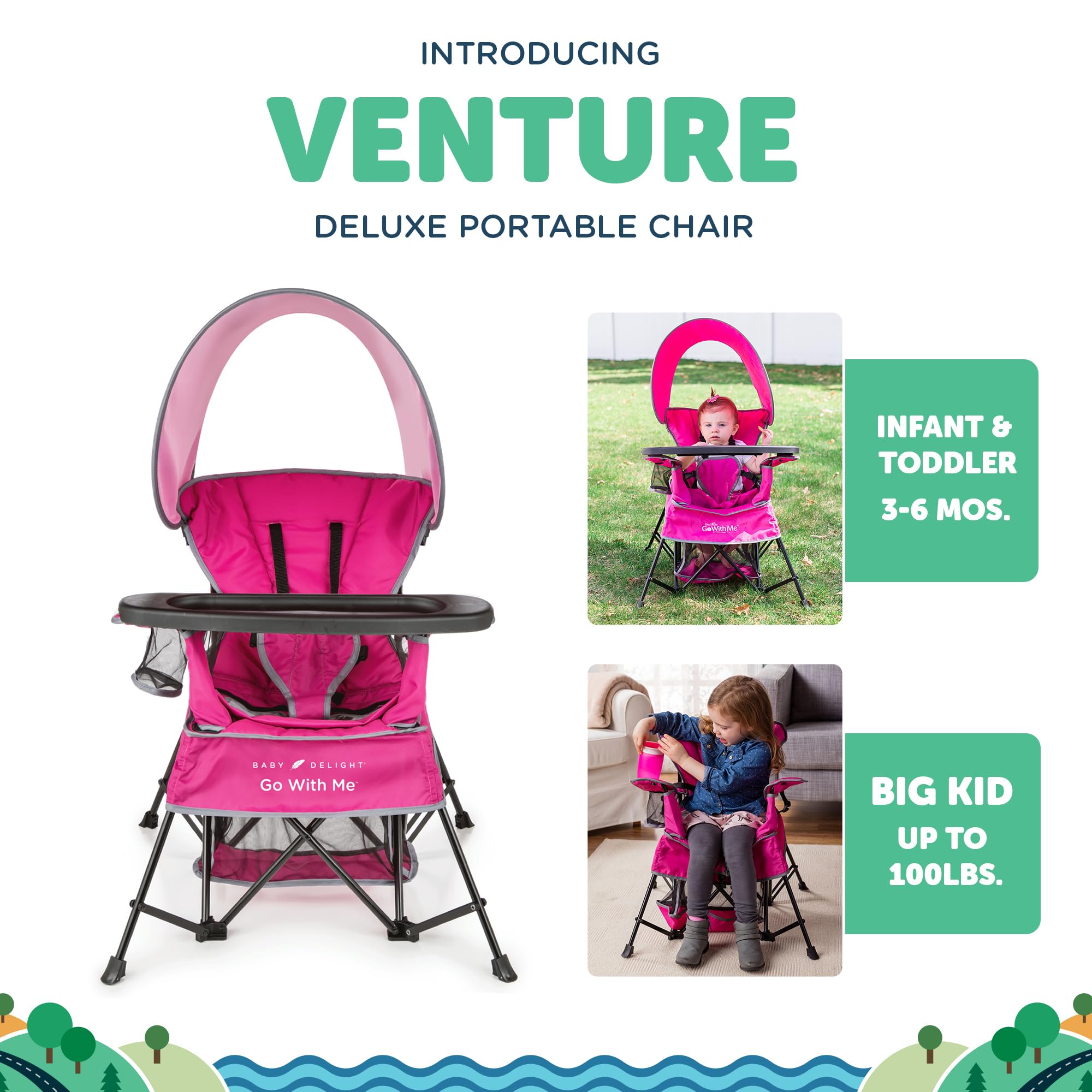 Baby Delight Go with Me Venture Portable Chair | Indoor and Outdoor | Sun Canopy | 3 Child Growth Stages | Pink
