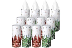 Fourluoo 12 Pack Christmas Tissue Boxes for Car Cylinder Bulk Red and Green Xmas Tree Round Cylinder Holder with 3 Ply Facial Tissues for Winter Christmas Travel Bathroom Office Accessories