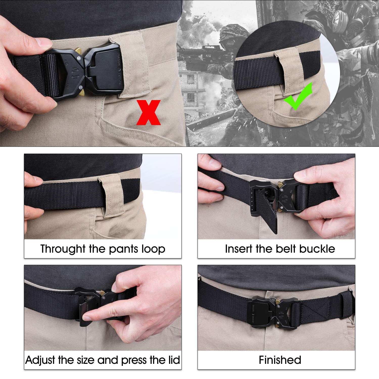 JASGOOD Men Tactical Belt, Black Military Style Webbing Rigger Web Belt Heavy Duty Work Belt with Quick Release Buckle (Black,Waist Size 31-37Inch)