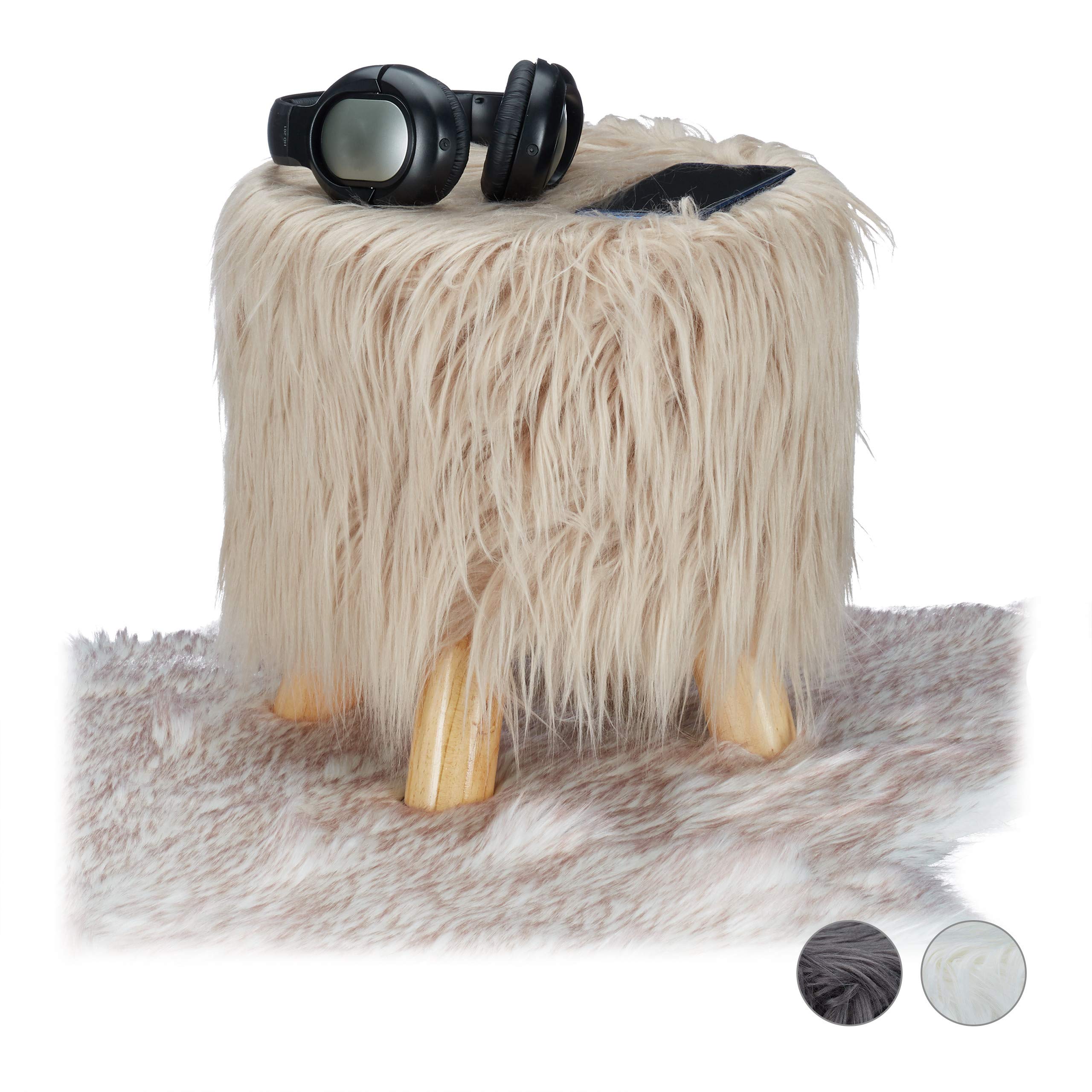 Relaxdays Faux Fur Stool, Fluffy, 4 Wooden Legs, Padded Footstool, Round, Decorative Stand HxD: 31x31 cm, Brown