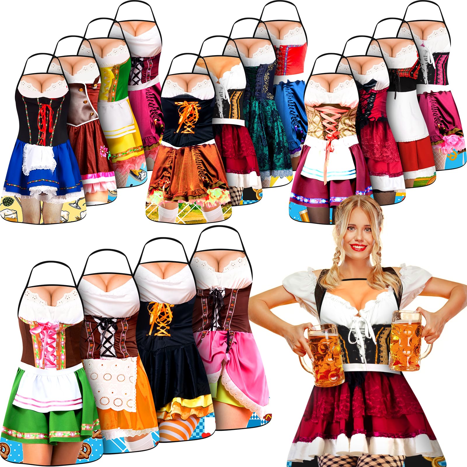 Photo 1 of Hercicy 16 Pieces Oktoberfest Apron German Novelty Aprons Dirndl Apron Female Bavarian Apron German Oktoberfest Dress with Adjustable Tying Ropes for Beer Festival Costume Kitchen Cooking BBQ Party