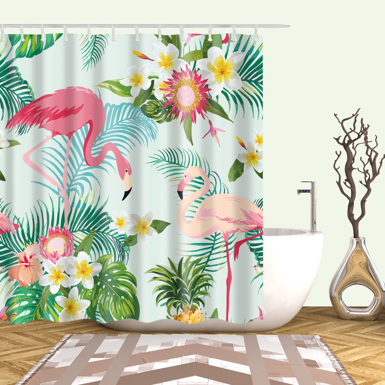 85 Off Dodou Shower Curtain Flamingos Tropical Plant Pattern
