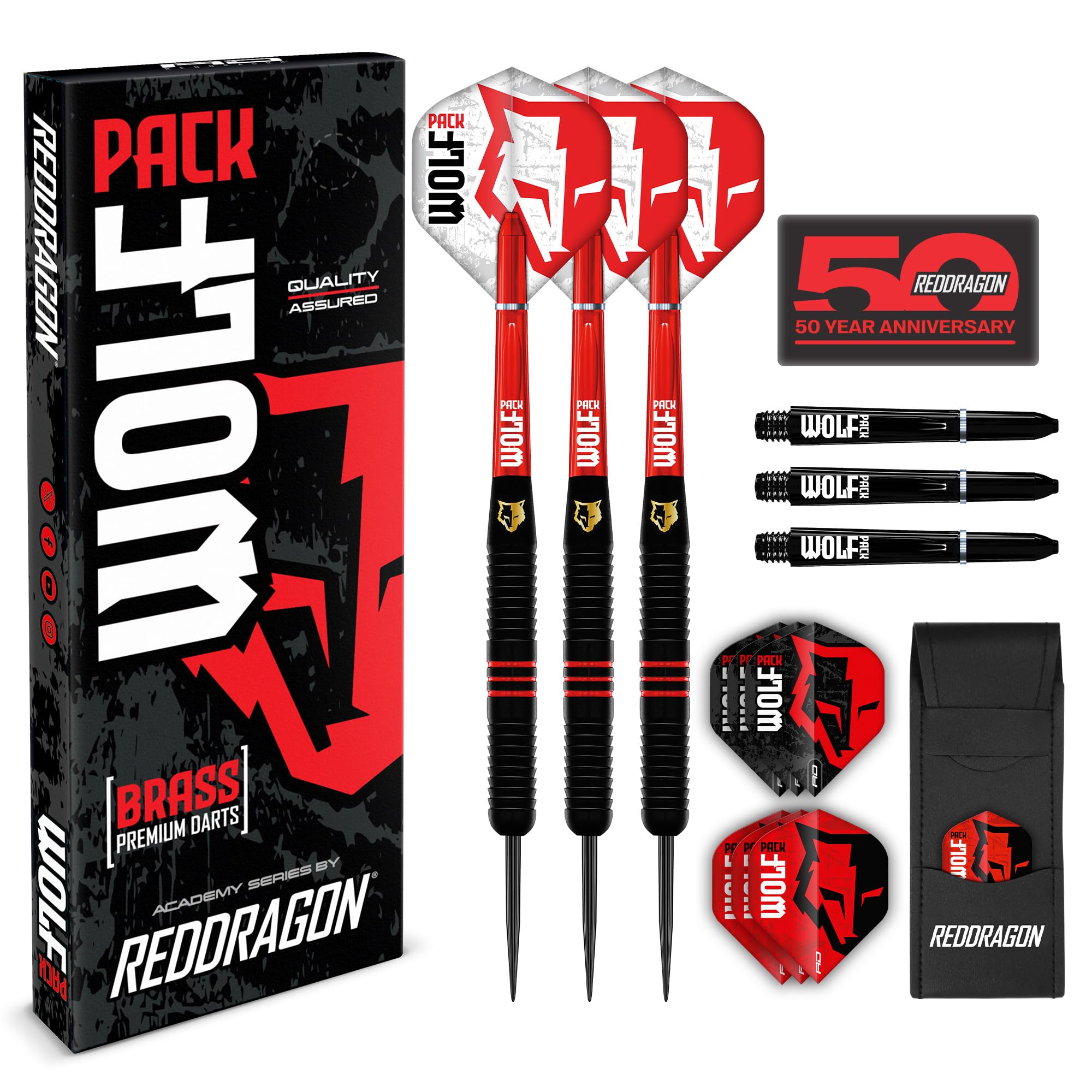 RED DRAGON Wolf Pack 20g Steeltip Brass Darts Set with Flights and Shafts (Stems)