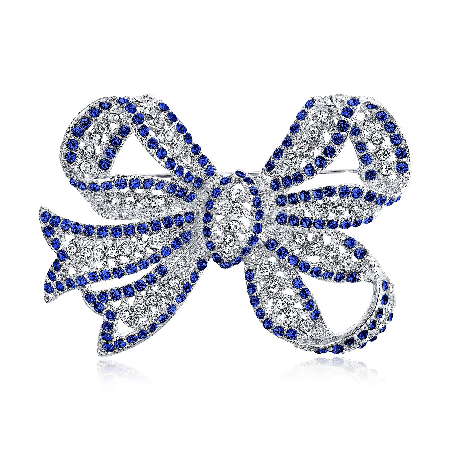 Winter Large Wedding Holiday Royal Blue White Glittering Crystal Pave Bridal Fashion Large Statement Filigree Ribbon Bow Scarf Brooch Pin For Women Silver Plated