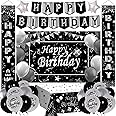 Black Birthday Decorations for Men Women, Black and Silver Party Decorations Boys Girls with Black Happy Birthday Banner Tablecloth Backdrop Porch Sign Door Decorations, Black Bady Party Supplies