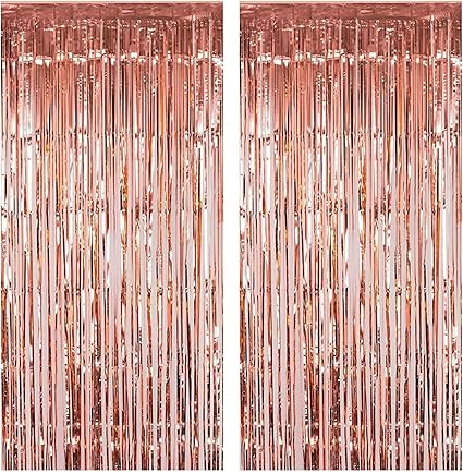 fecedy 2 cortinas de 27 2 ft x 8 3 pies de oro rosa metalico con flecos de aluminio para fotos de cumpleanos boda compromiso despedida de soltera