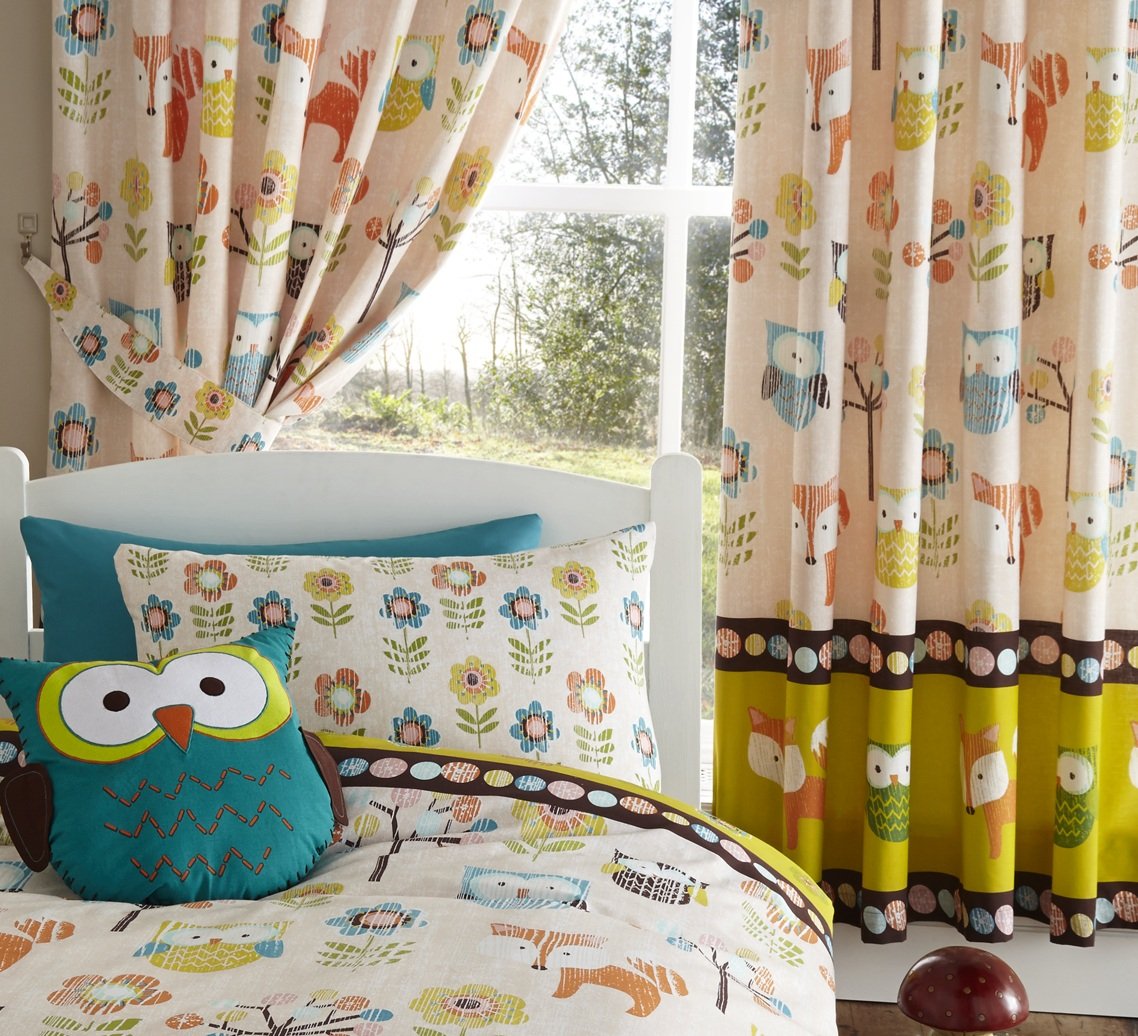Woodland Creatures Owls Luxury Fully Lined Curtains Set 66 X 72