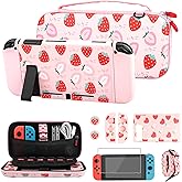 FUNDIARY Pink Travel Carrying Case for Nintendo Switch with Strawberry Design, Shockproof Accessories Kit with Slim Portable Storage Bag, Dockable Case, Screen Protector, Shoulder Strap & 2 Thumb Caps