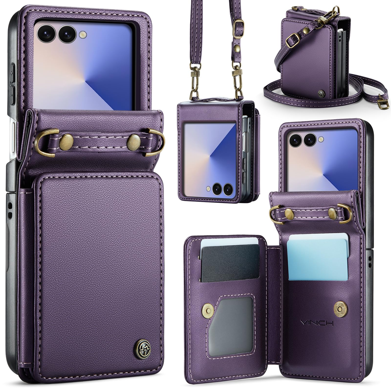 Photo 1 of Vinich Crossbody for Samsung Galaxy Z Flip 7 Wallet Case with RFID Blocking Card Holder, Strap Kickstand Shockproof Flip Phone Cover for Women Men, Purple
