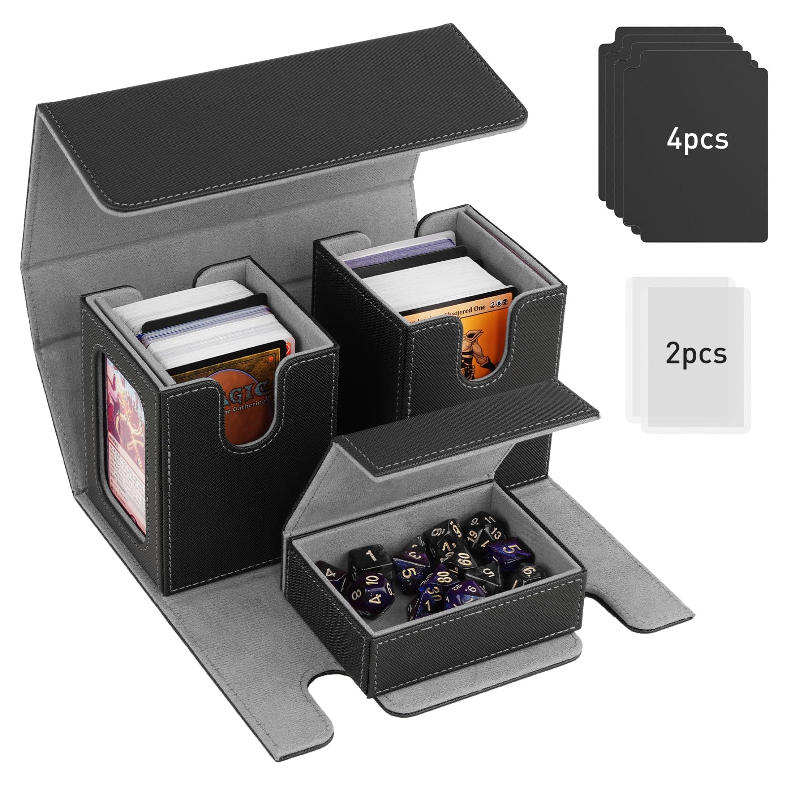 TiMOVO MTG Commander Deck Box, Magnetic Leather Card Deck Case Fits 200+ Double-Sleeved Cards, Card Box with 2 Commander Display & 4 Dividers & Dice Tray Fit YuGiOh TCG CCG Magic Cards, Black & Gray