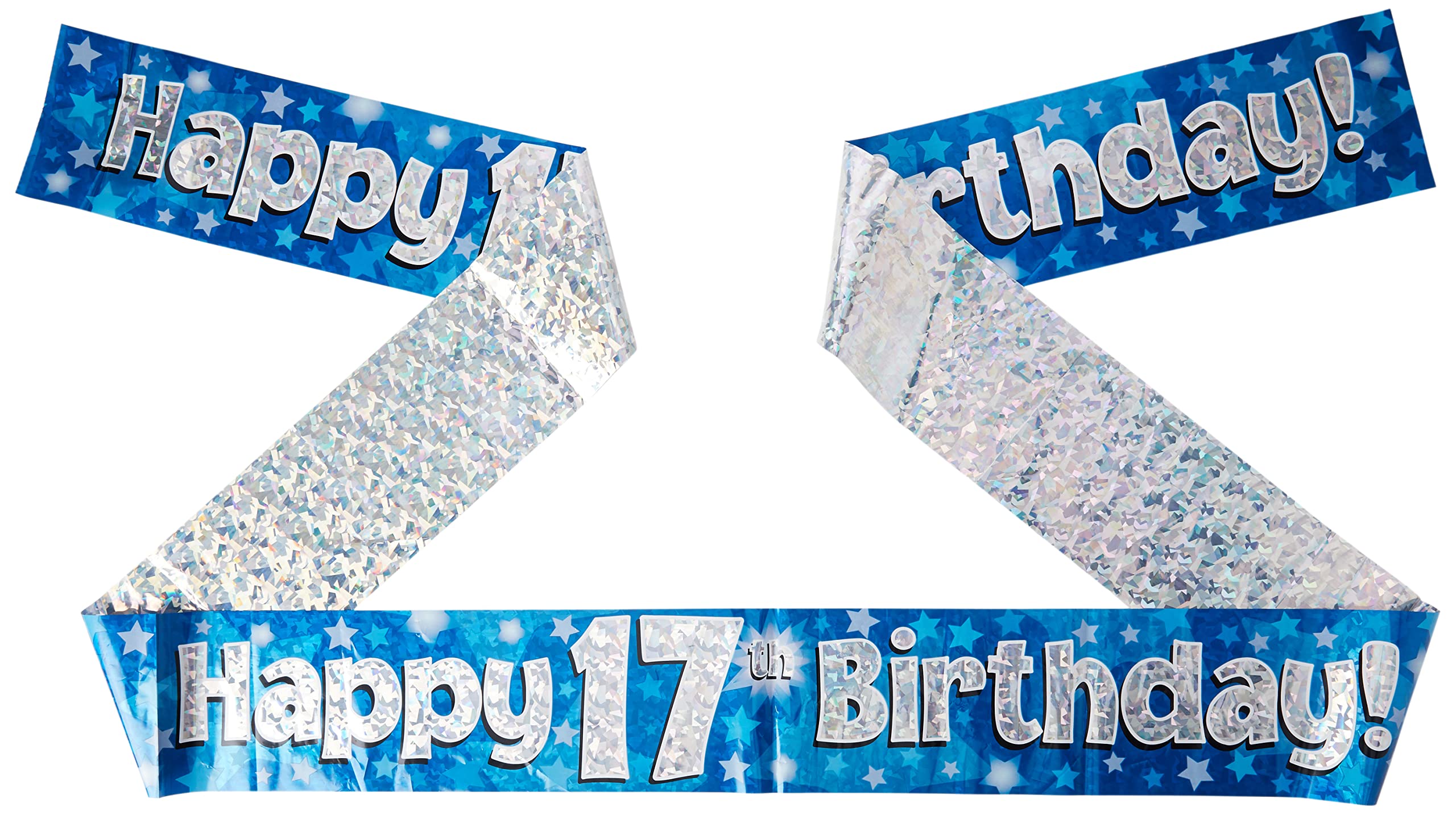 9ft Banner Happy 17th Birthday Blue Holographic