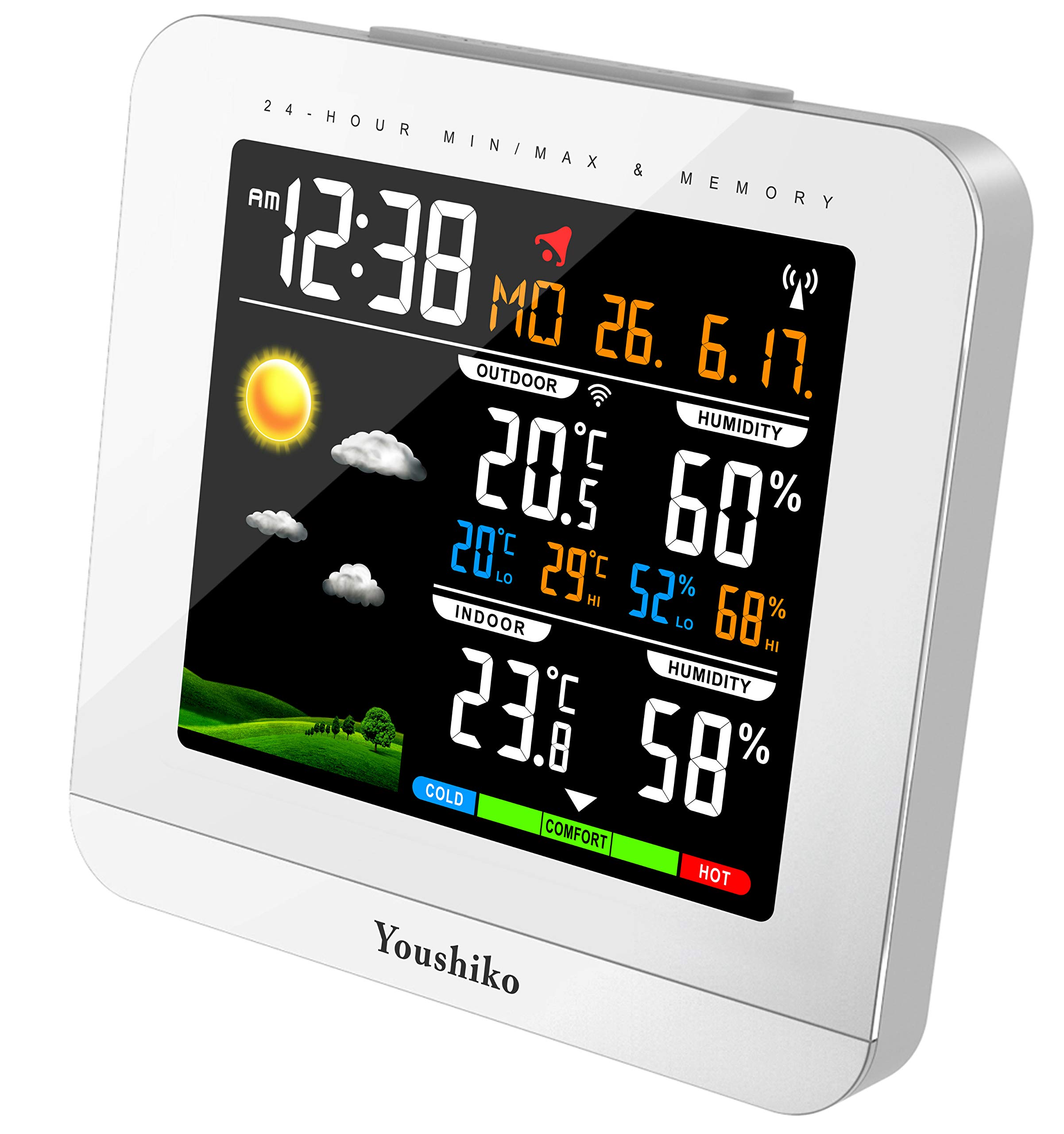 Youshiko Wireless Colour Weather Station (Premium Quality/HD Display) Radio Controlled Clock (UK 2025 Version) Indoor Outdoor Temp Humidity Max Min with 24 Hour Auto Reset
