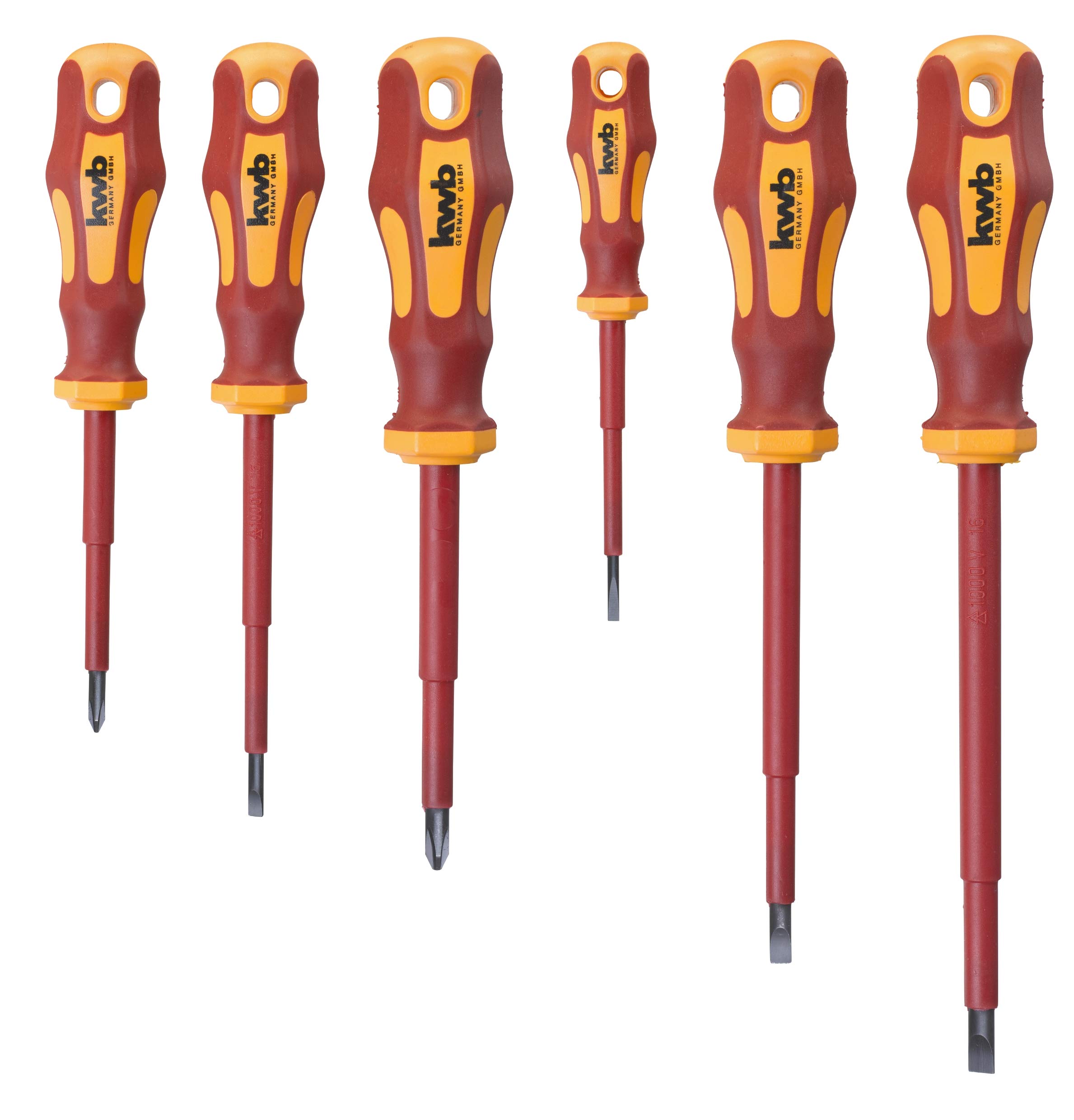 KWB VDE SCREWDRIVER SET 6-PIECE, FULLY INSULATED BLADES, EXTRA HARDENED, INCLUDING 2-COMPONENT HANDLE AND HANGING HOLE, SCREWDRIVER SET CV STEEL