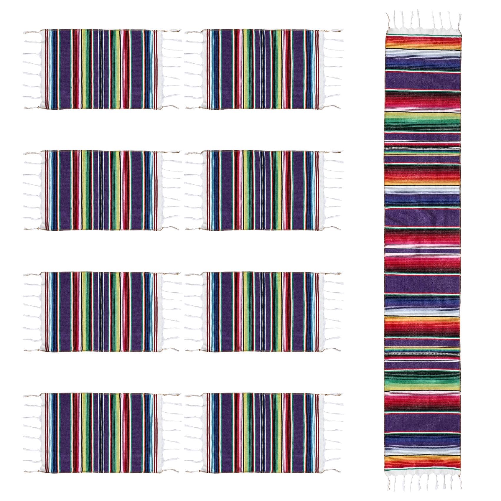 Kopinma Mexican Table Runner with Place Mats,Mexican Assorted Place Mats Mexican Wedding, Fringe Blanket Table Runner 14 X 84 Inch (Table Runner + 8 Placemats)