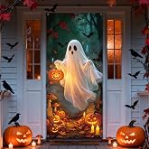 Halloween Door Cover, 79 * 35inch Cute Ghost Pumpkin Lantern Halloween Door Decorations Reusable Spooky Haunted House Banner Backdrop Decor for Front Door Indoor Outdoor Home Party Decor