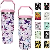 mvhsuoem 30 oz Butterfly Flip Straw Tumbler with Top Handle for Butterfly Lover Resuable Vacuum Insulated Flip Top Water bottle for Home Office Car Butterfly