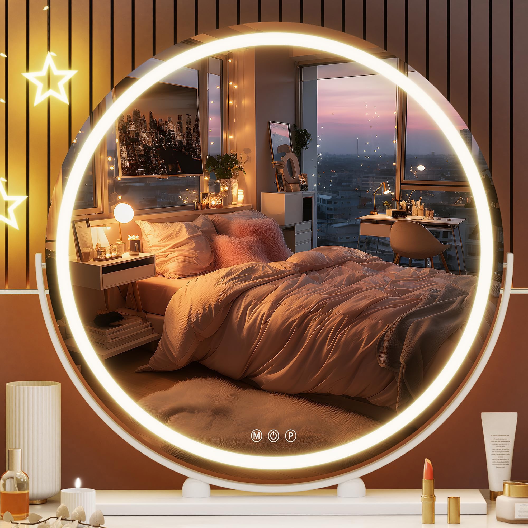 Photo 1 of Hasipu Vanity Mirror with Lights, 23.6" LED Large Makeup Mirror, Lighted Makeup Mirror with Lights, Smart Touch Control 3 Colors Dimmable Round Mirror 360°Rotation White