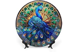 Gokays Decorative Plates, Watercolor Peacock Stained Glass Design Ceramic Dinner Plate Home Wobble-Plate with Display Stand, Wall Hanging Decor for Kitchen Household 6 Inch, Gifts for Peacocks Lover