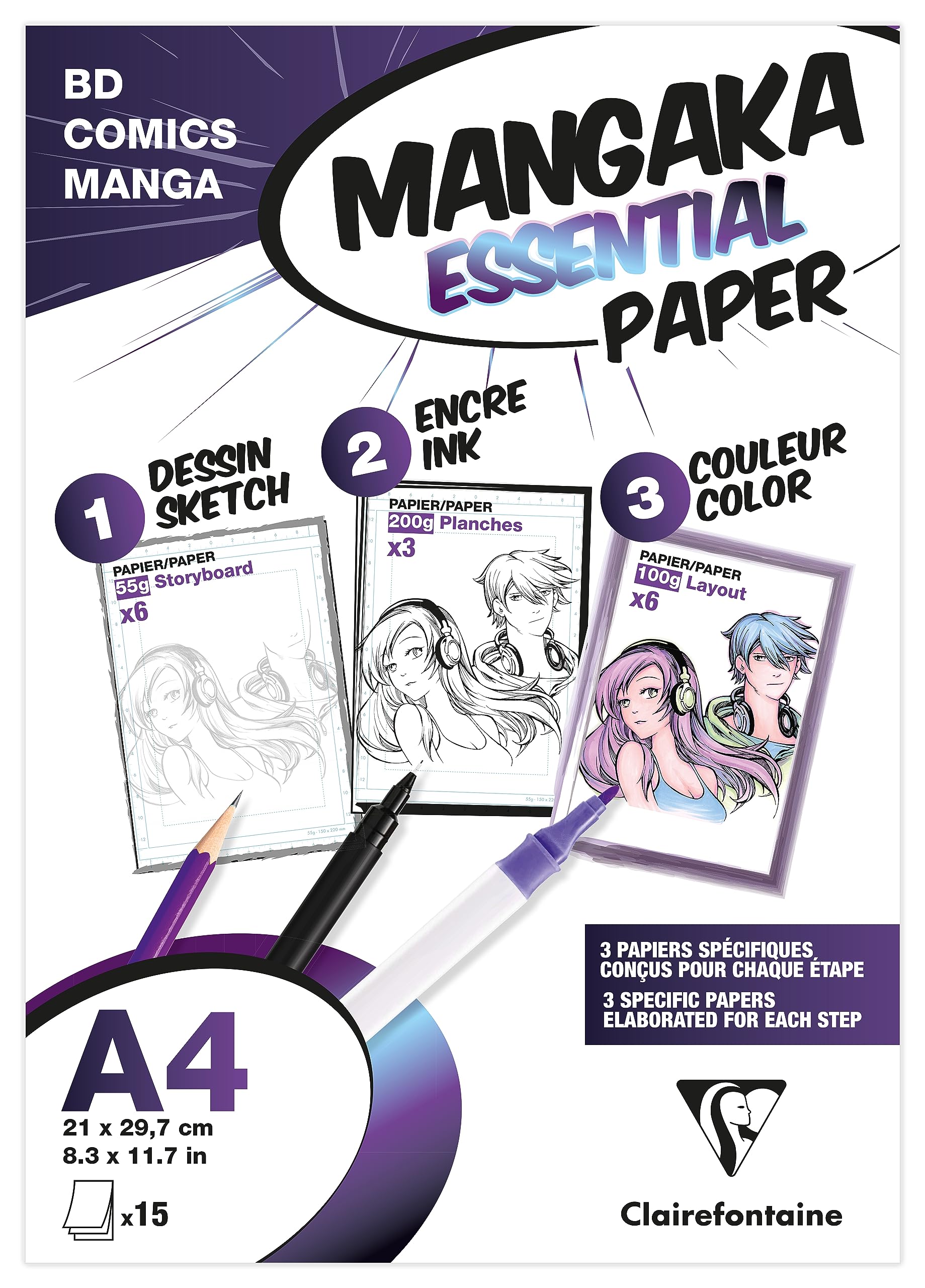 Clairefontaine 94050C - One Mangaka Essential Paper Pouch - 15 Sheets - 3 Assorted Manga Papers - Dimensions: A4 - Ideal for discovering Manga Drawing