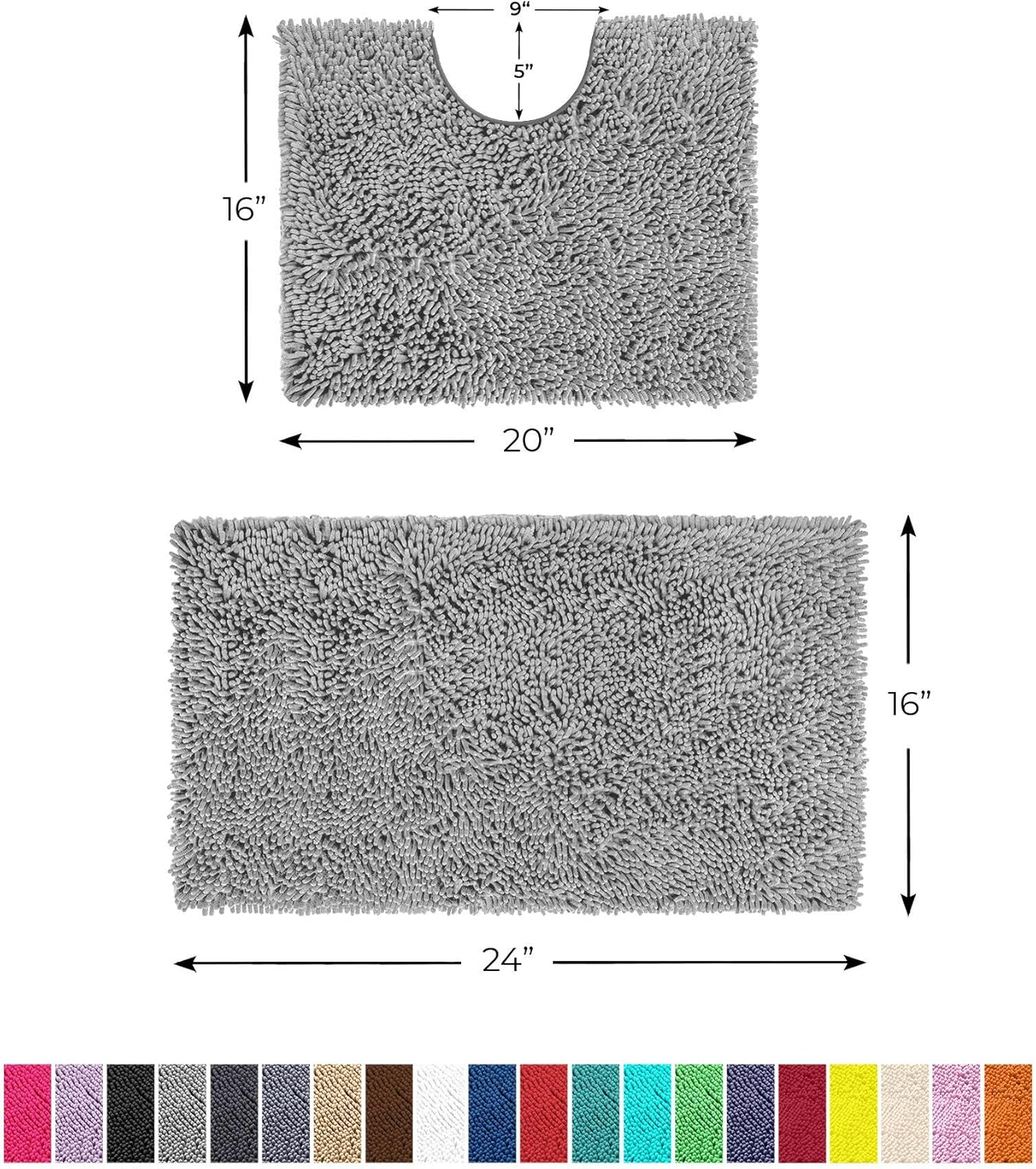 LuxUrux Bathroom Rugs Luxury Chenille 2-Piece Bath Mat Set, Soft Plush Anti-Slip Bath Rug +Toilet Mat.1'' Microfiber Shaggy Carpet, Super Absorbent (Curved Set Small, Light Grey): Kitchen & Dining