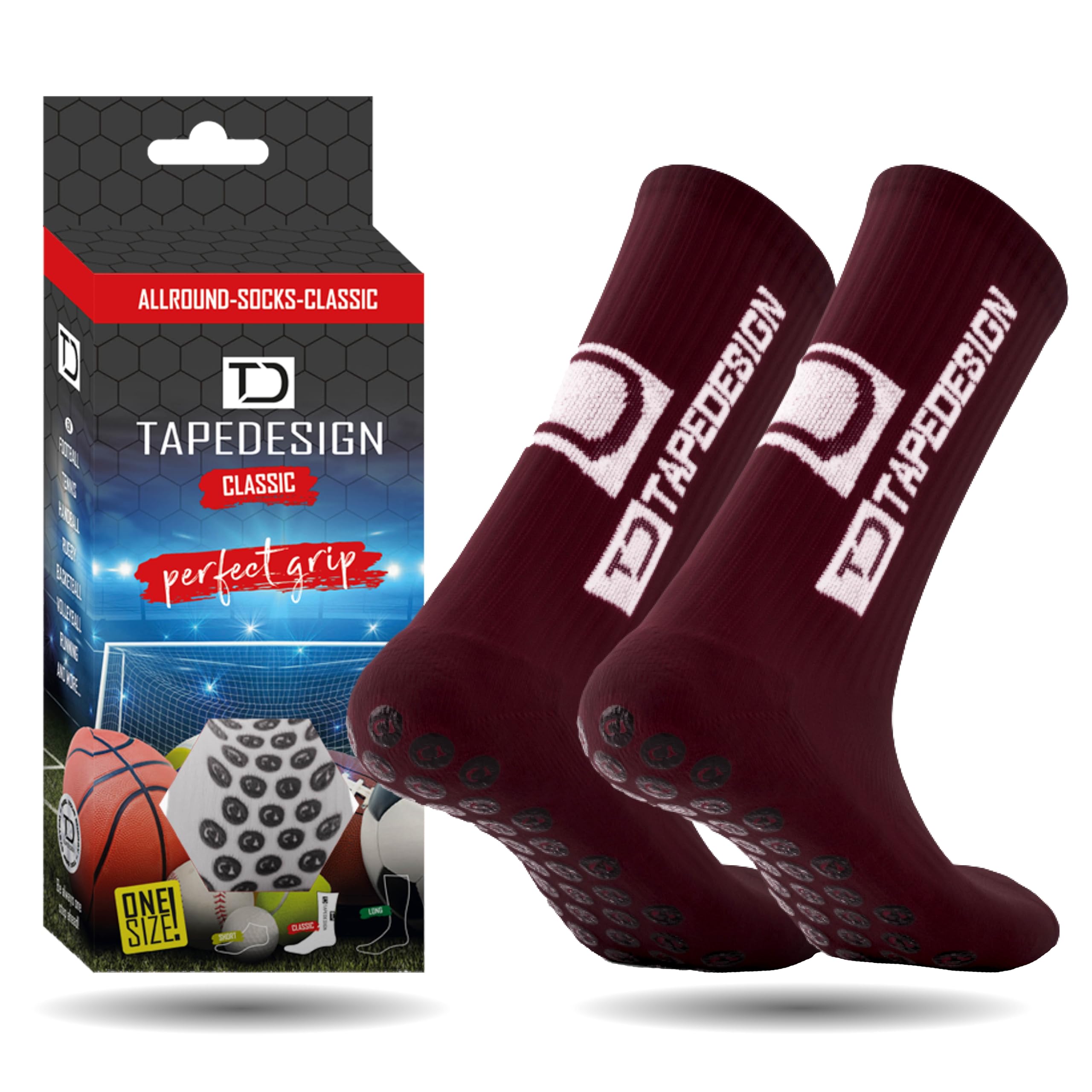 Tapedesign - "Classic 1 Pair Non-Slip Football Grip Socks Bordeaux-Red (Size 5-14) Men Women & Kids - Soccer Socks for Adults & Youth (Unisex) - Anti-Slip Sport Socks for Basketball, Tennis & Running