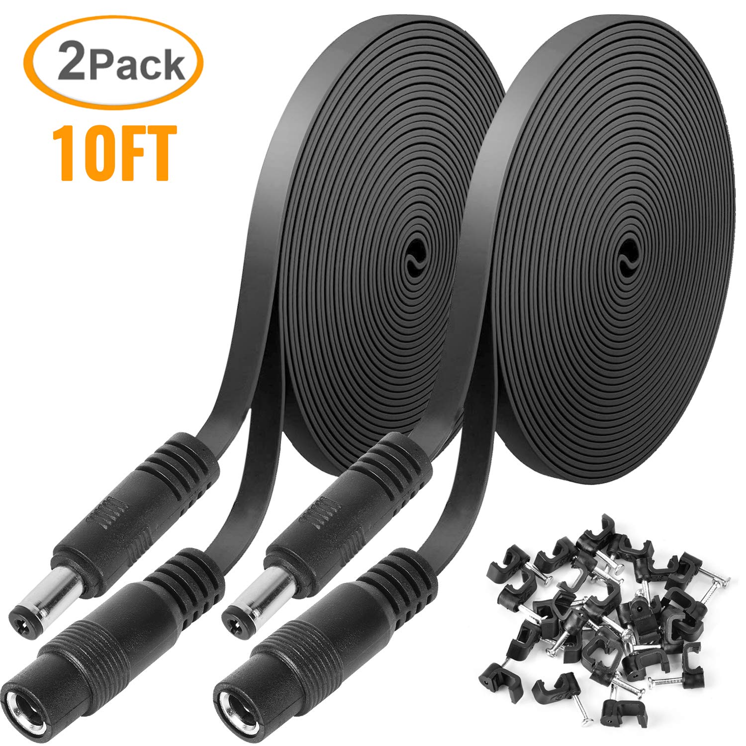 Uogw 2 Pack DC Power Extension Cable 10ft 2.1mm x 5.5mm Compatible with 12V DC Adapter Cord for CCTV IP Camera, LED, Car, Black