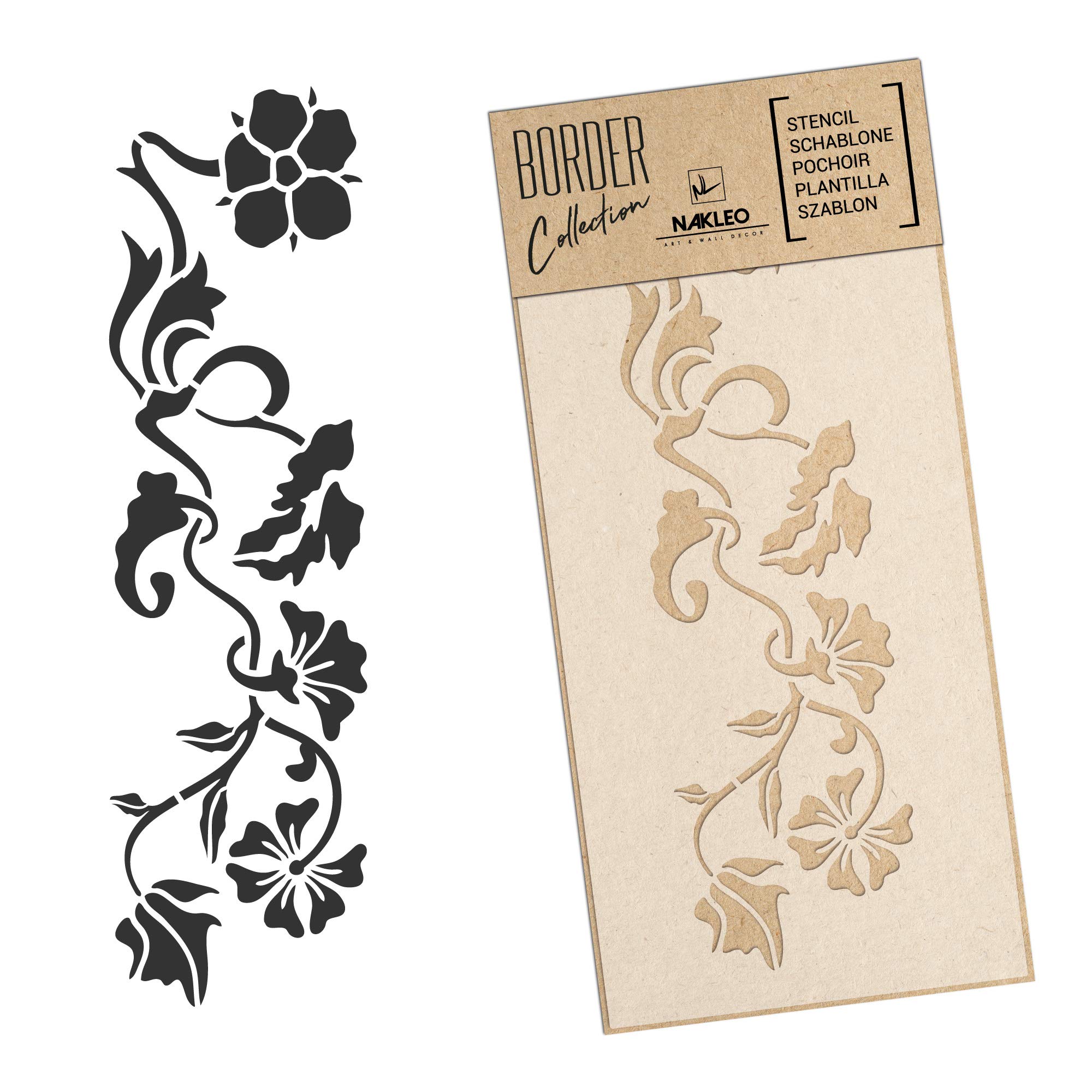 NAKLEO Border Wall Stencil 21x45cm, Floral Ornament Flower Pattern, Reusable Plastic Template, Painting Stripe DIY Art and Craft Home Decor, Fabric Furniture Wood Paper Patio