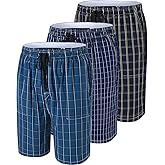 MoFiz Men's Plaid Pajama Shorts 3-Pack Woven Cotton Sleep & Lounge Shorts, Lightweight PJ Bottoms with Pockets & Button Fly